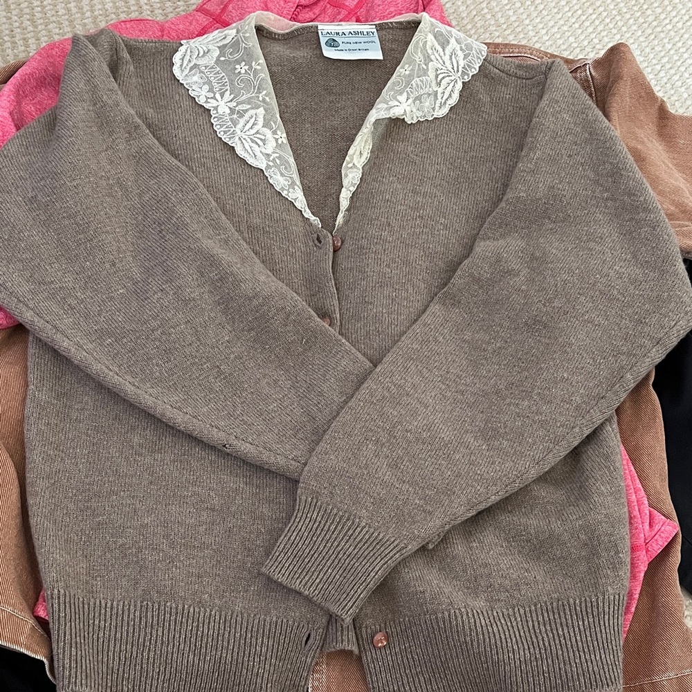 Vintage Laura Ashley Brown Cardigan with Lace collar